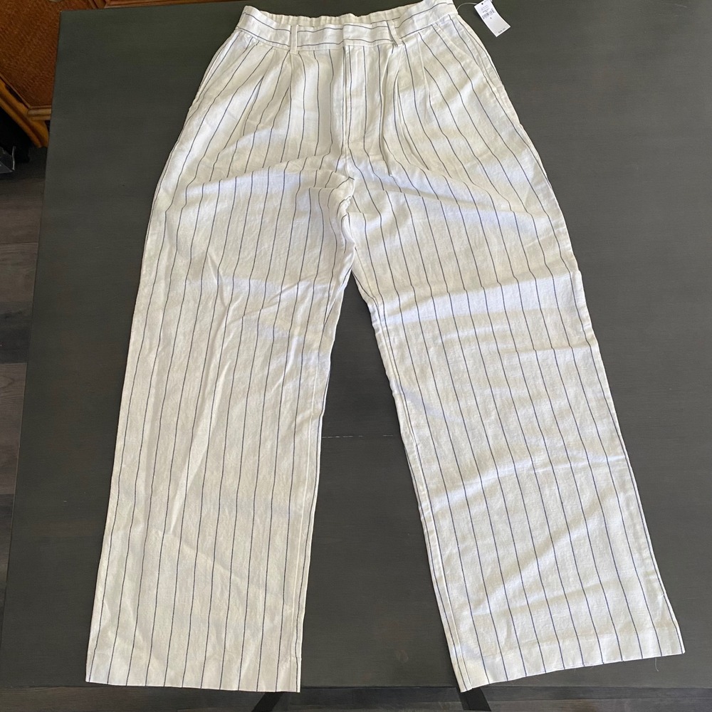Gap Women White Navy Pinstripe Linen Blend Wide Leg Pleated Pants 6 NWT 855962